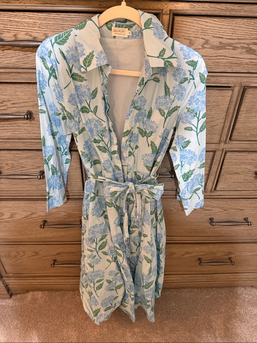 Light Blue Floral Midi Shirt Dress with Self-Tie Belt